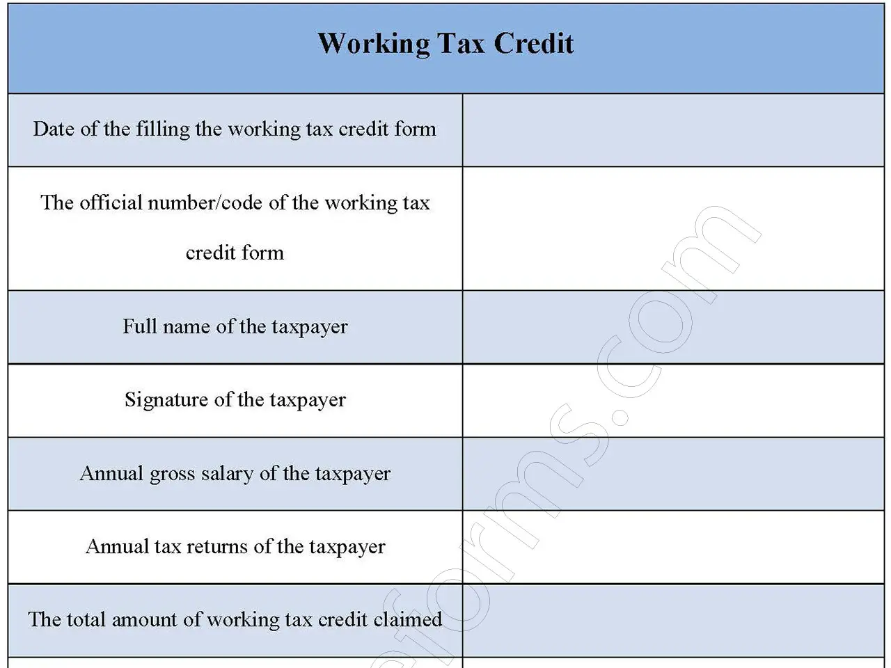 Working Tax Credit Fillable PDF Form