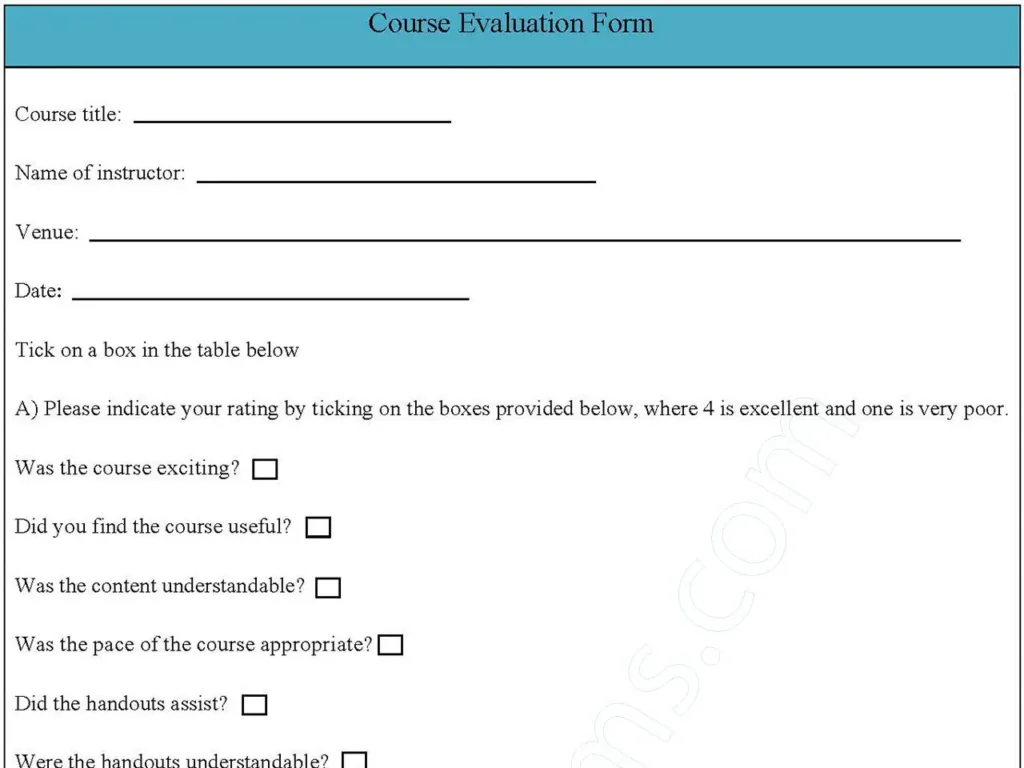 Course Evaluation Fillable PDF Form