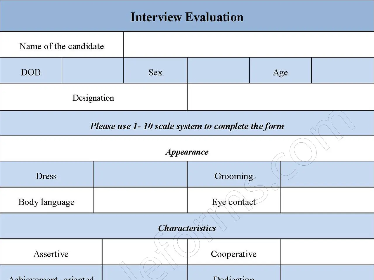 Interview Evaluation Fillable PDF Form