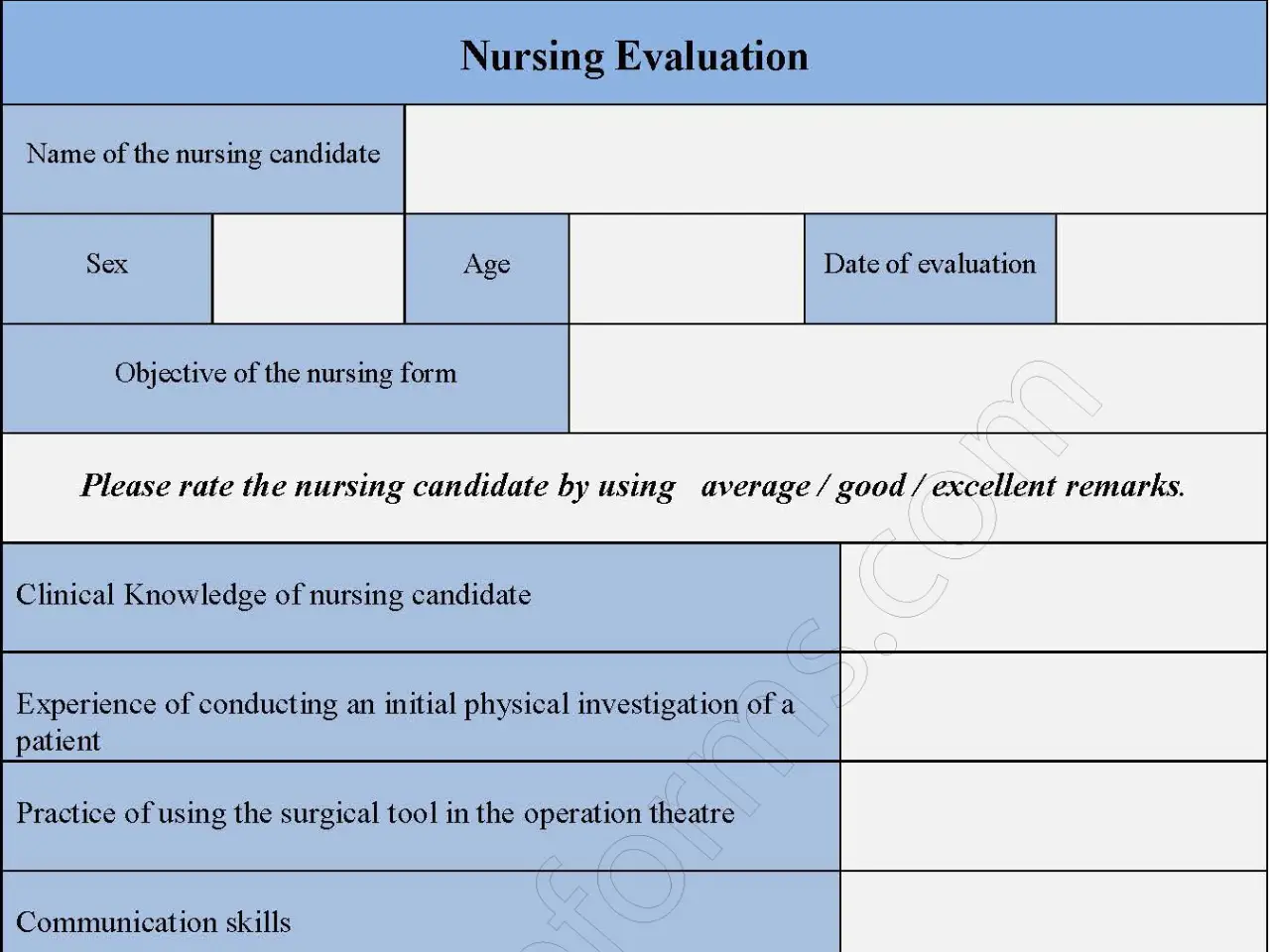 Nursing Evaluation Fillable PDF Form