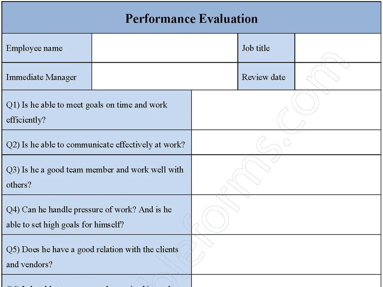 Performance Evaluation Fillable PDF Form