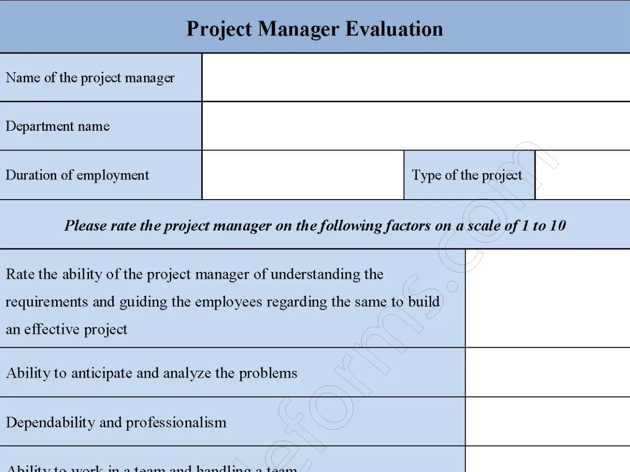 Project Manager Evaluation Fillable PDF Form