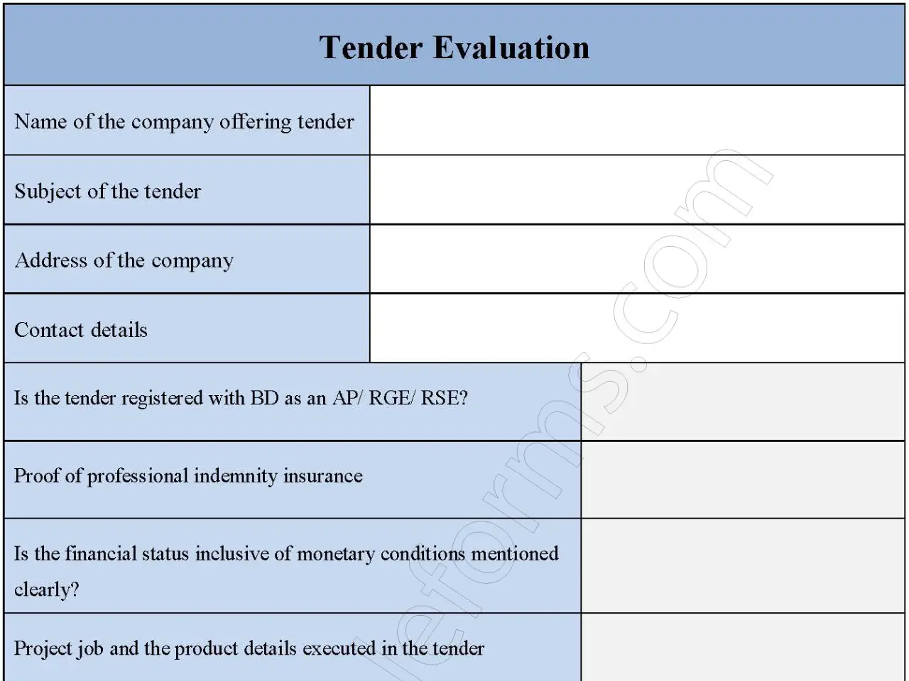 Tender Evaluation Fillable PDF Form