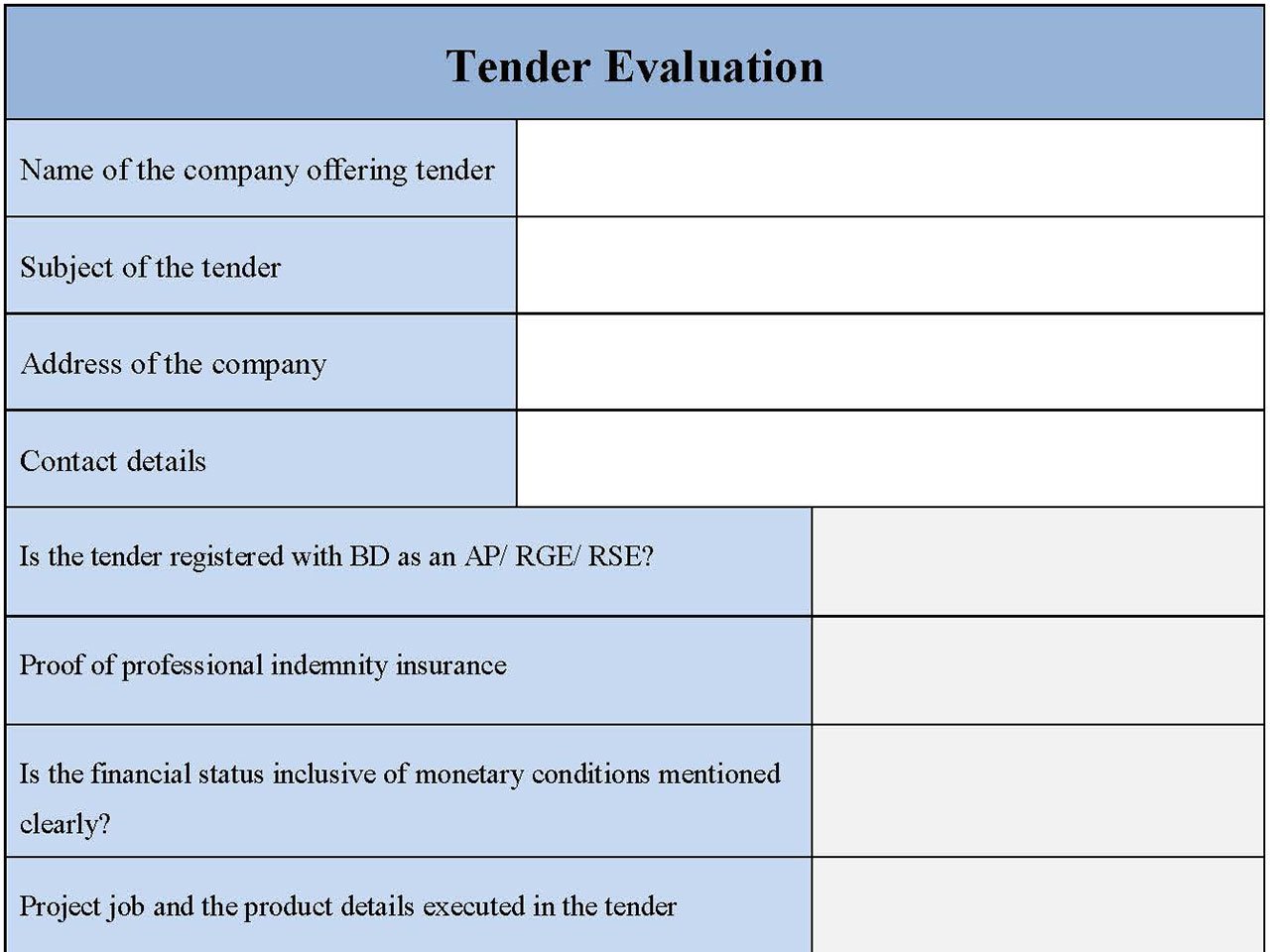Tender Evaluation Form