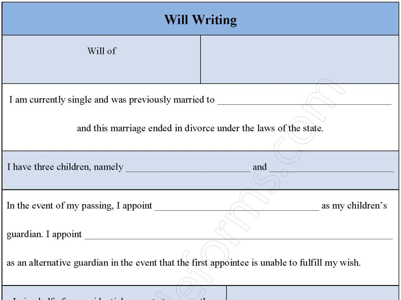 Will Writing Fillable PDF Form