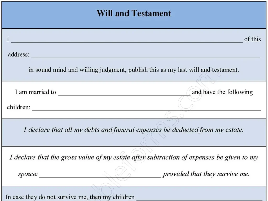 Will and Testament Fillable PDF Form