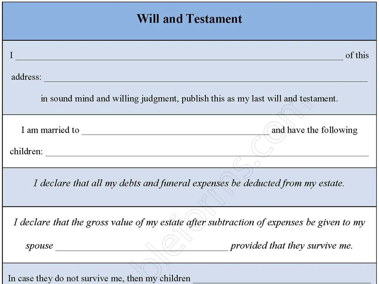 Will and Testament Fillable PDF Form