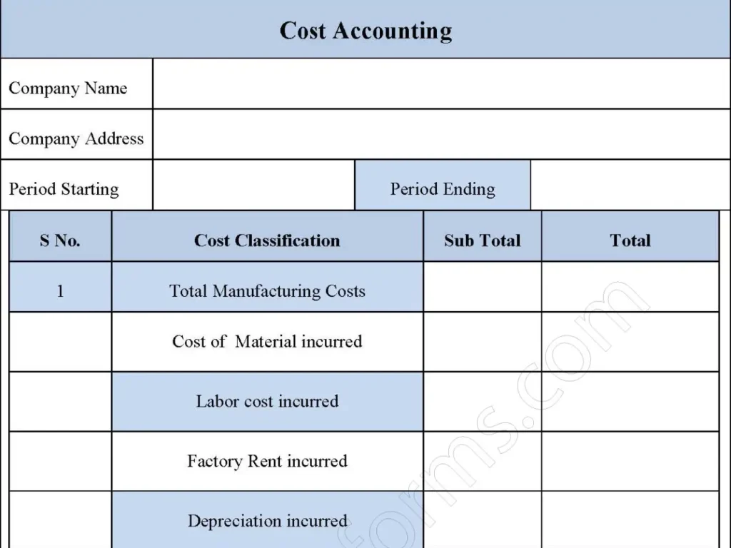 Cost Accounting Fillable PDF Form