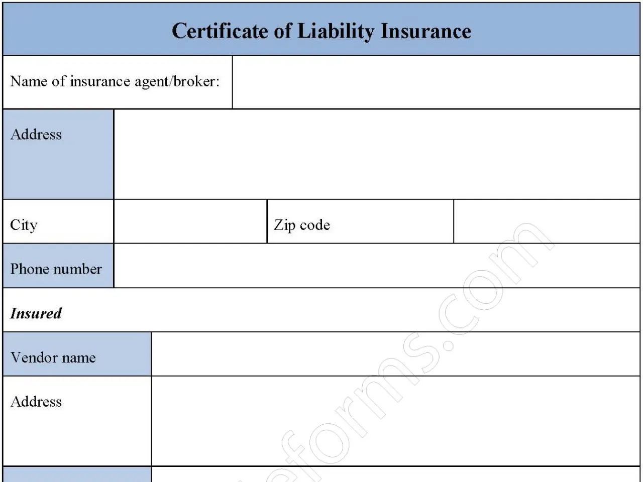 Certificate Of Liability Insurance Form