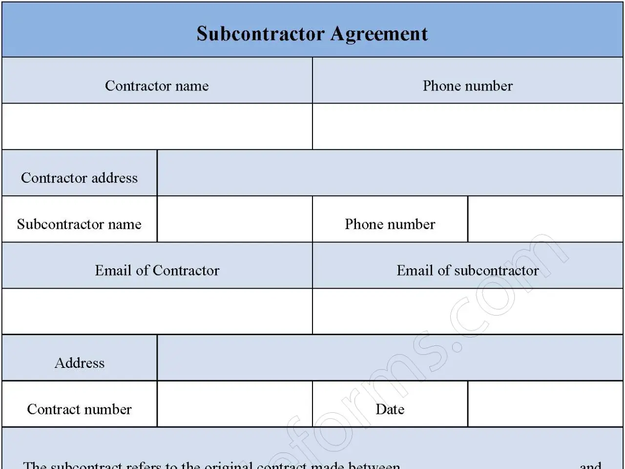 Subcontractor Agreement Fillable PDF Form