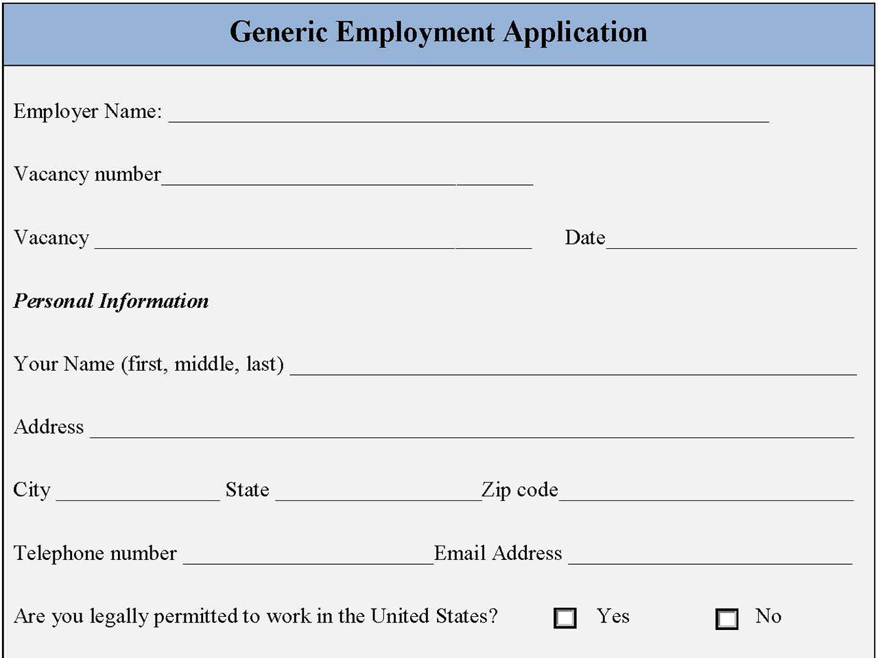 Generic Employment Application Form