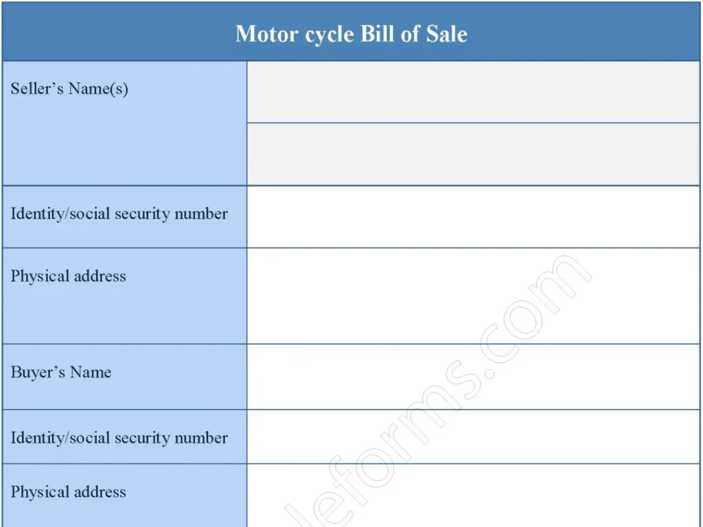 Motorcycle Bill Of Sale Fillable PDF Form