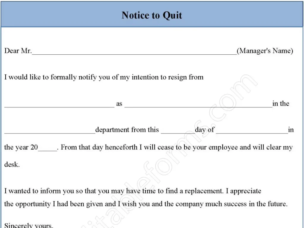 Notice to quit Fillable PDF Form