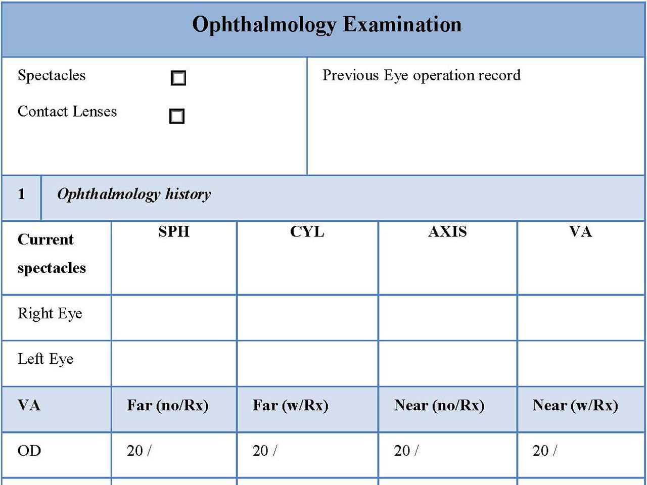 Ophthalmology Examination Form Editable PDF Forms