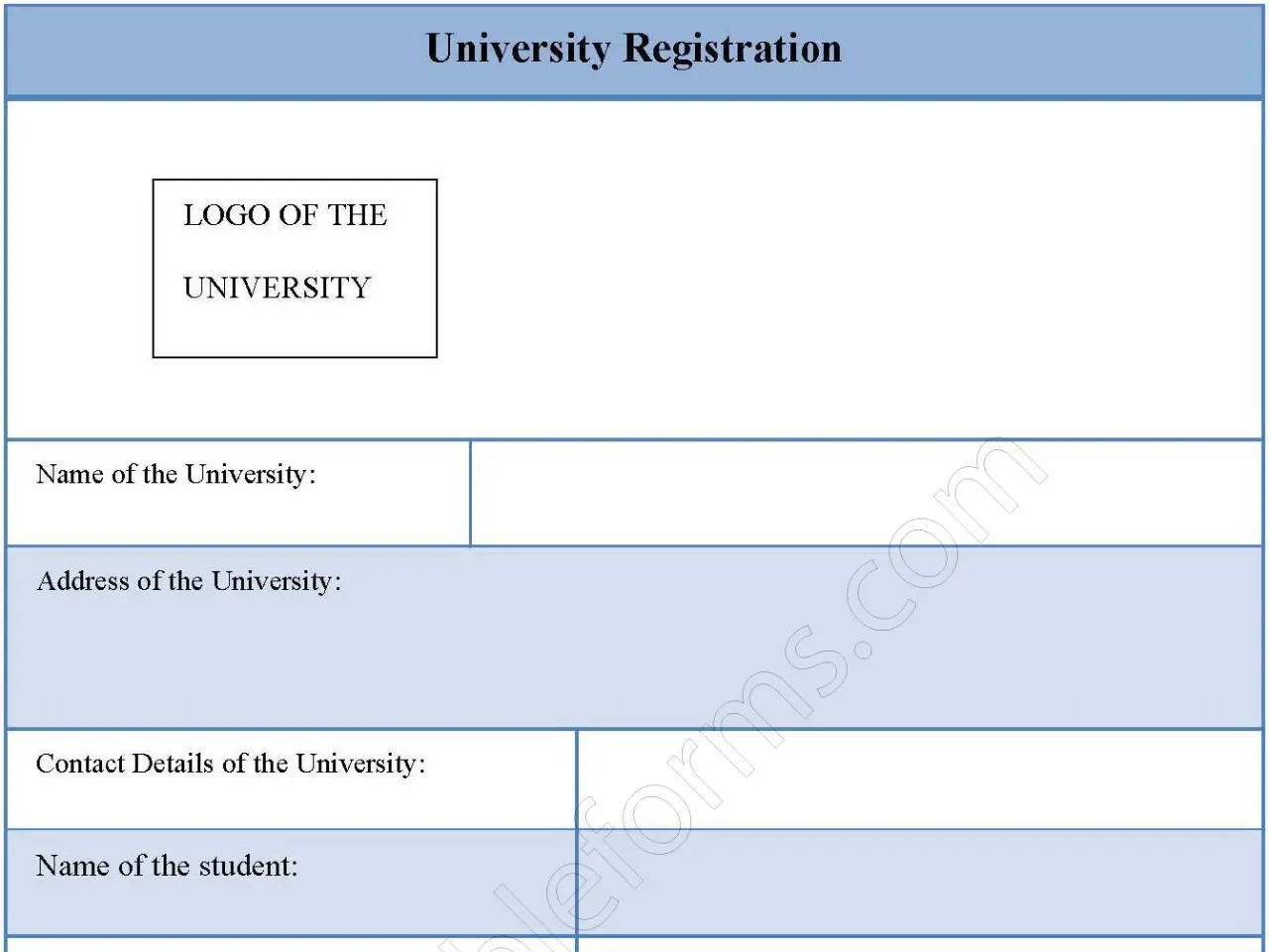 University Registration Fillable PDF Form