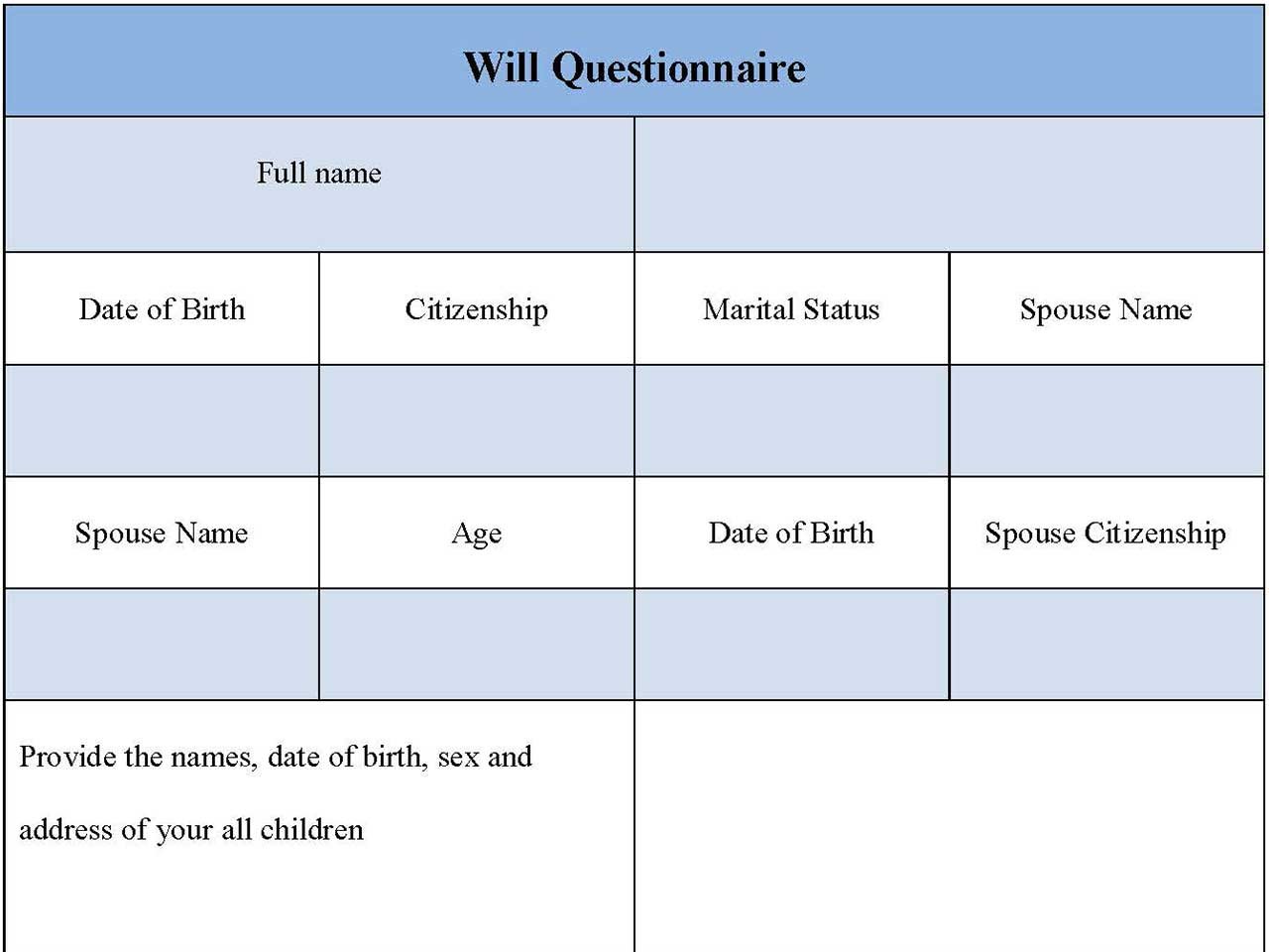 Will Questionnaire Form