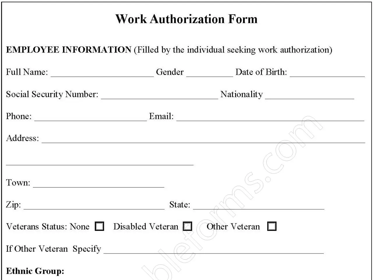 Work Authorization Fillable PDF Form