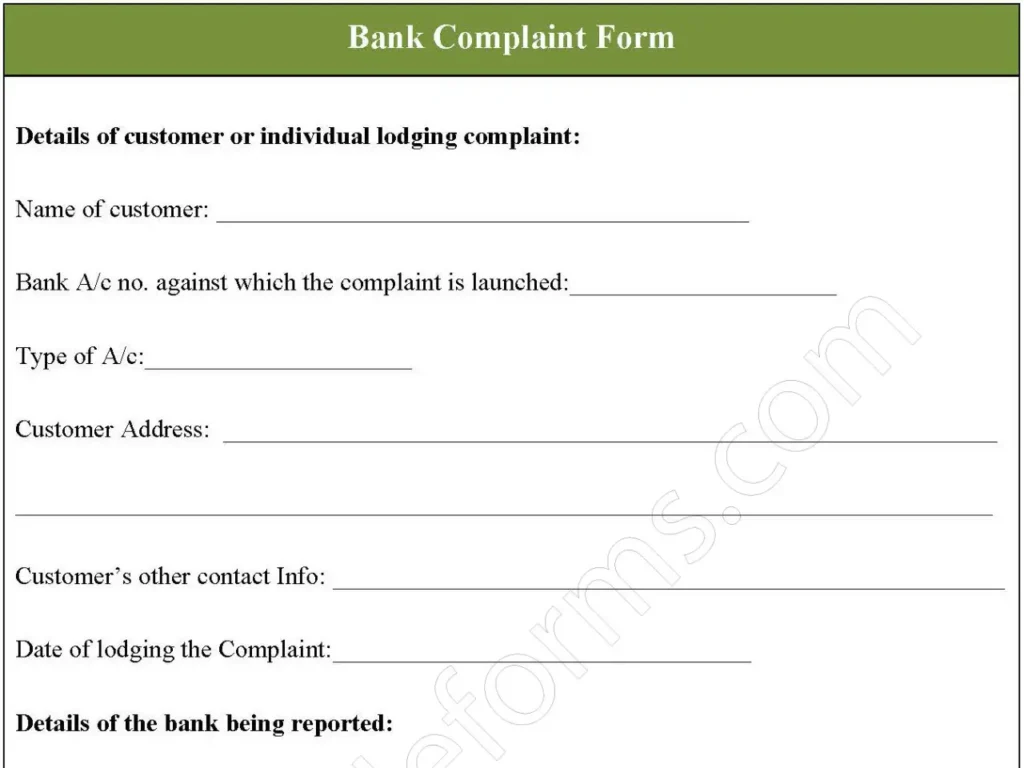 Bank Complaint Fillable PDF Form