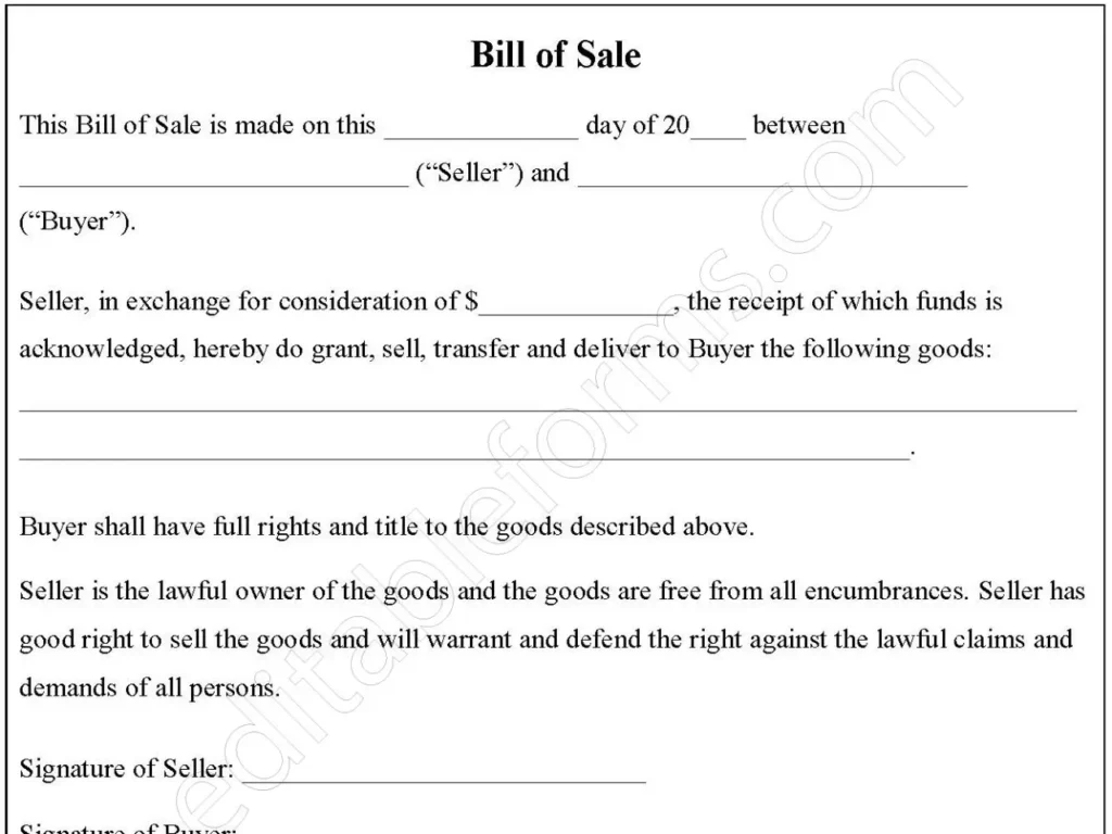 Bill of Sale Fillable PDF Template