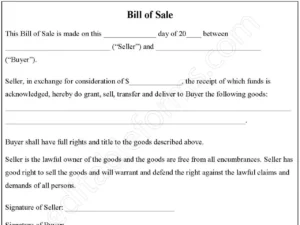 Bill of Sale Fillable PDF Template