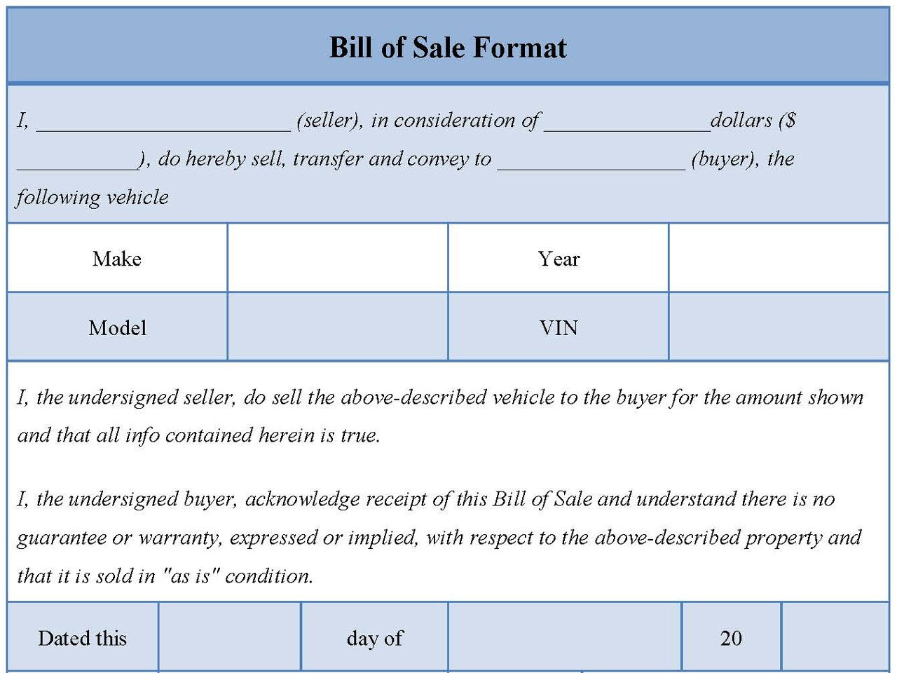 Bill of sale format form