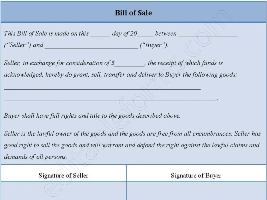 Blank Bill of Sale Fillable PDF Form