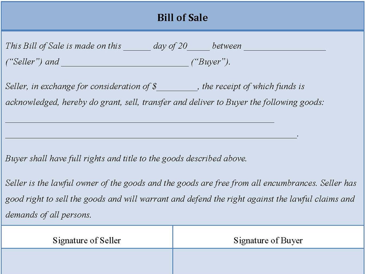 Blank Bill of Sale