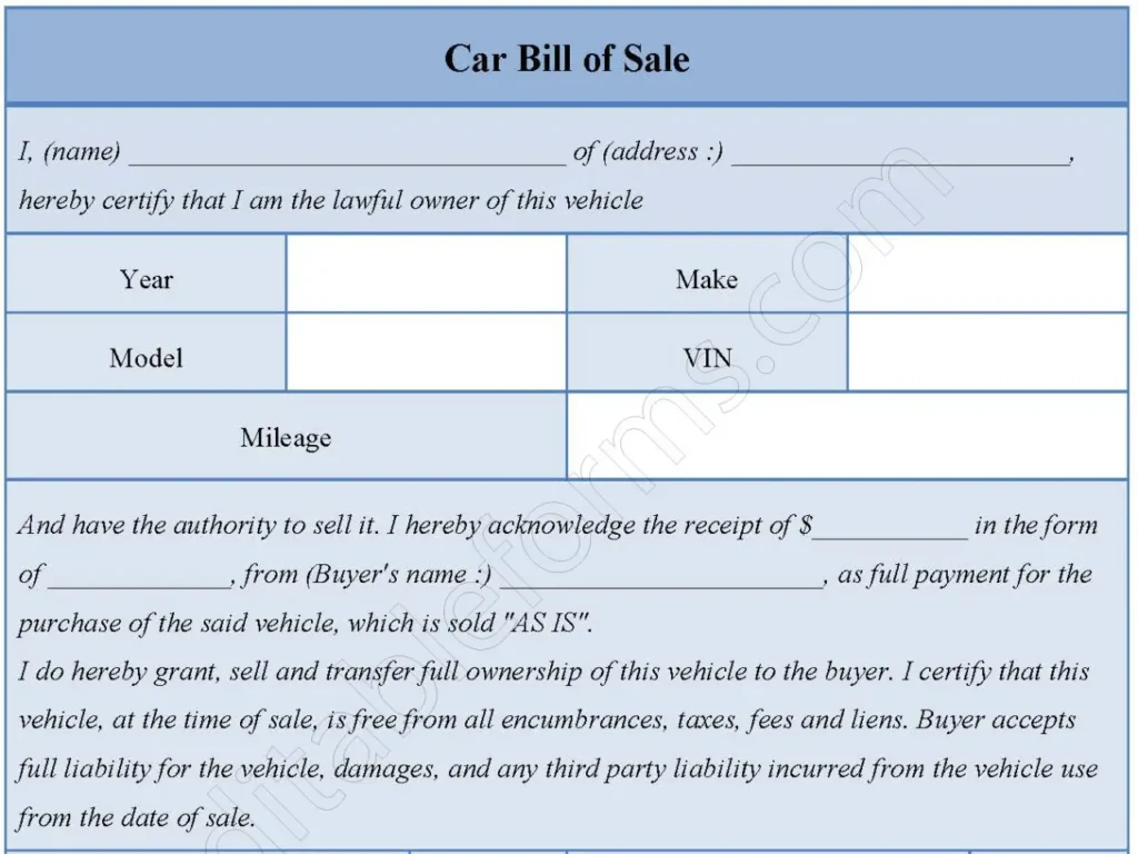 Car Bill of Sale Fillable PDF Form