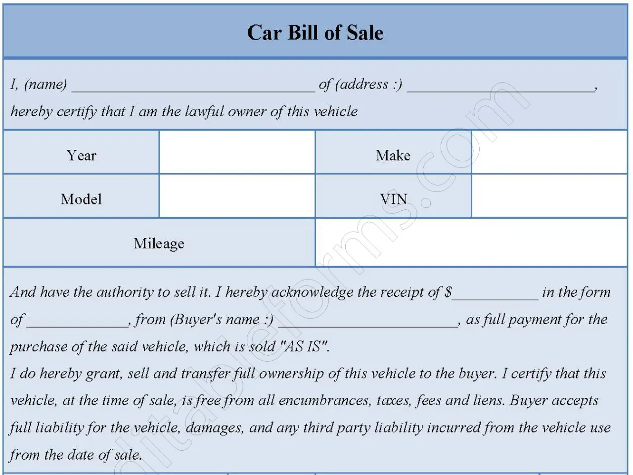 Car Bill of Sale Fillable PDF Form