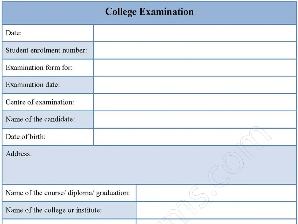 College Examination Fillable PDF Form