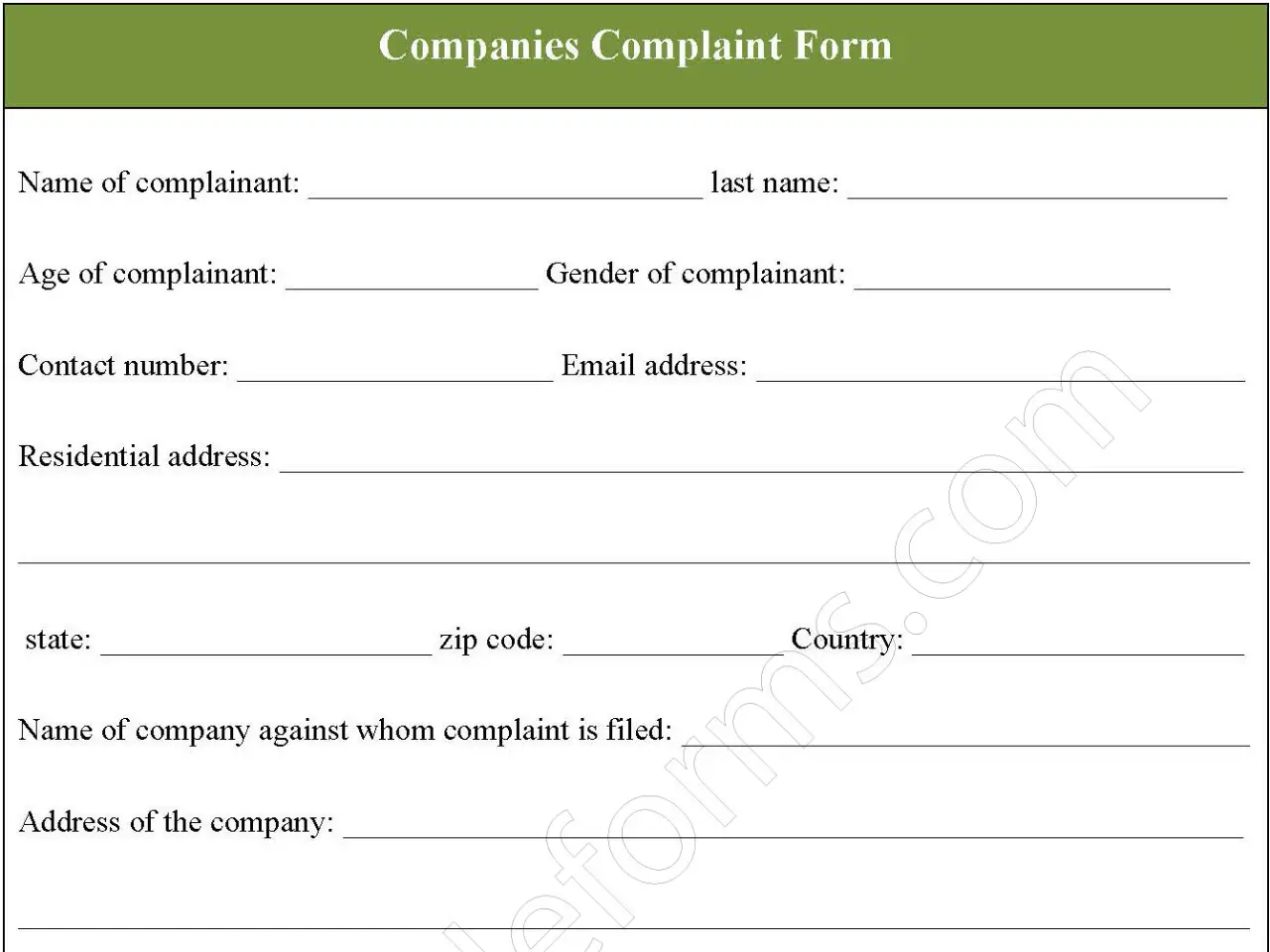 Companies Complaint Fillable PDF Form