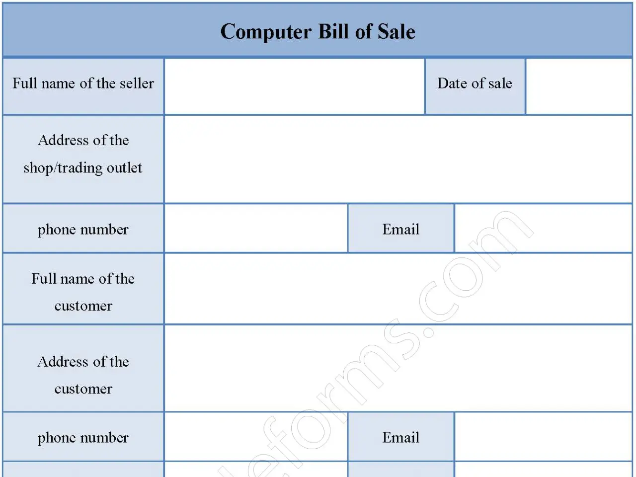 Computer Bill of Sale Fillable PDF Form