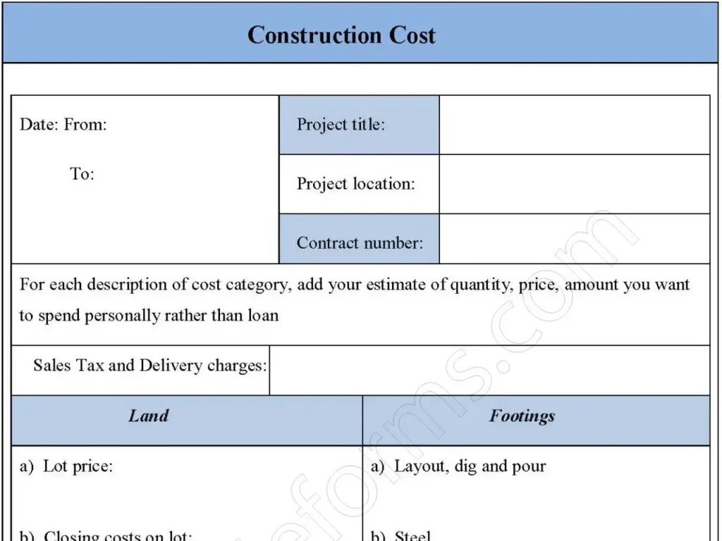 Construction Cost Fillable PDF Form