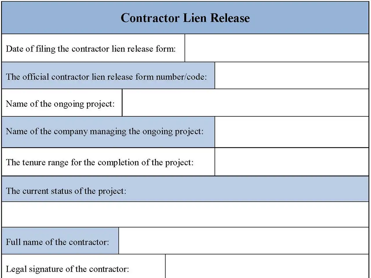 Contractor Lien Release Form