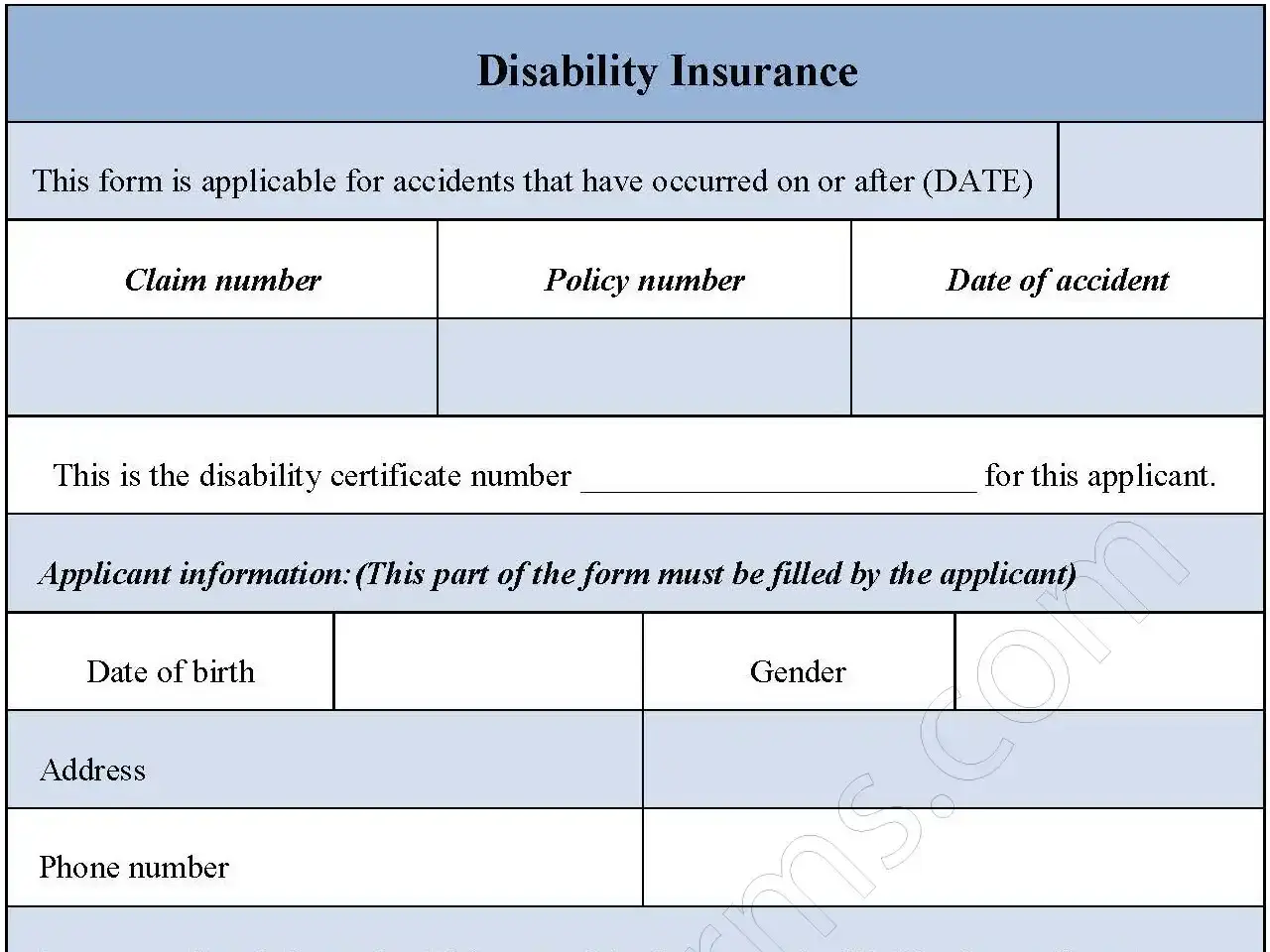 Disability Insurance Fillable PDF Form