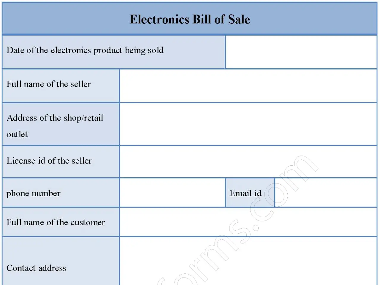 Electronics Bill of Sale Fillable PDF Form