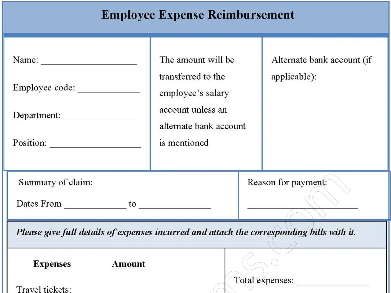 Employee Expense Reimbursement Fillable PDF Form