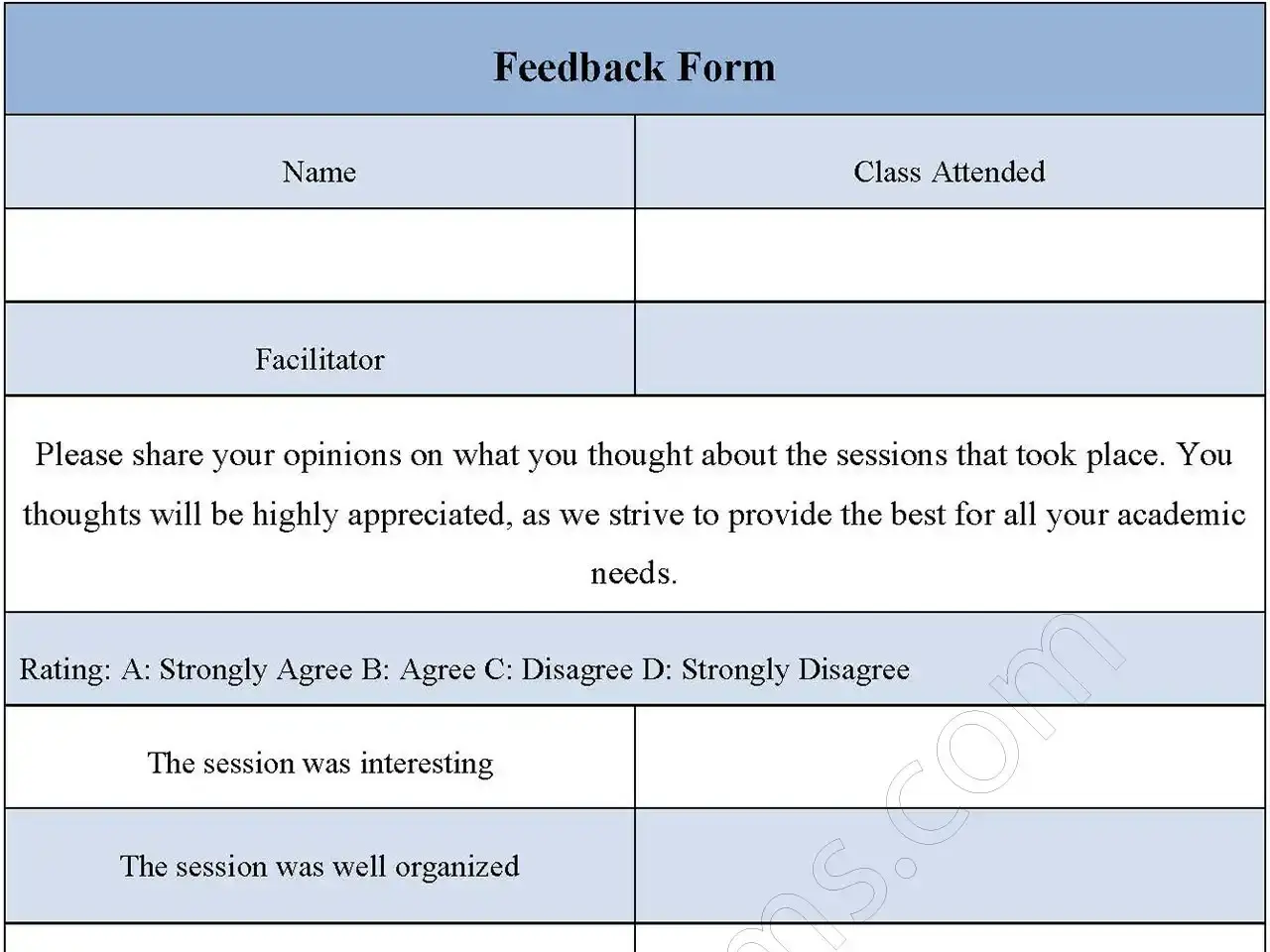 Feedback Fillable PDF Form Template