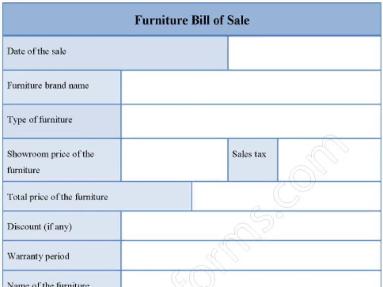 Furniture Bill of Sale Fillable PDF Form