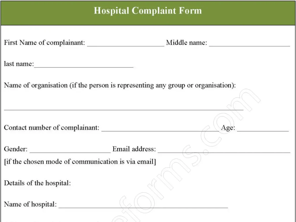 Hospital Complaint Fillable PDF Form