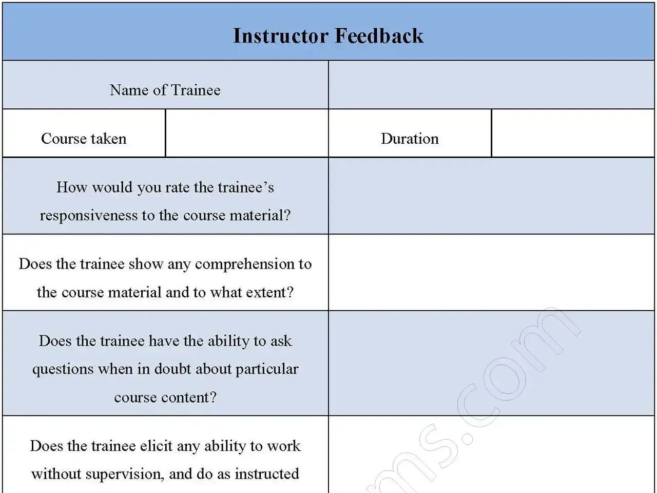 Instructor Feedback Fillable PDF Form