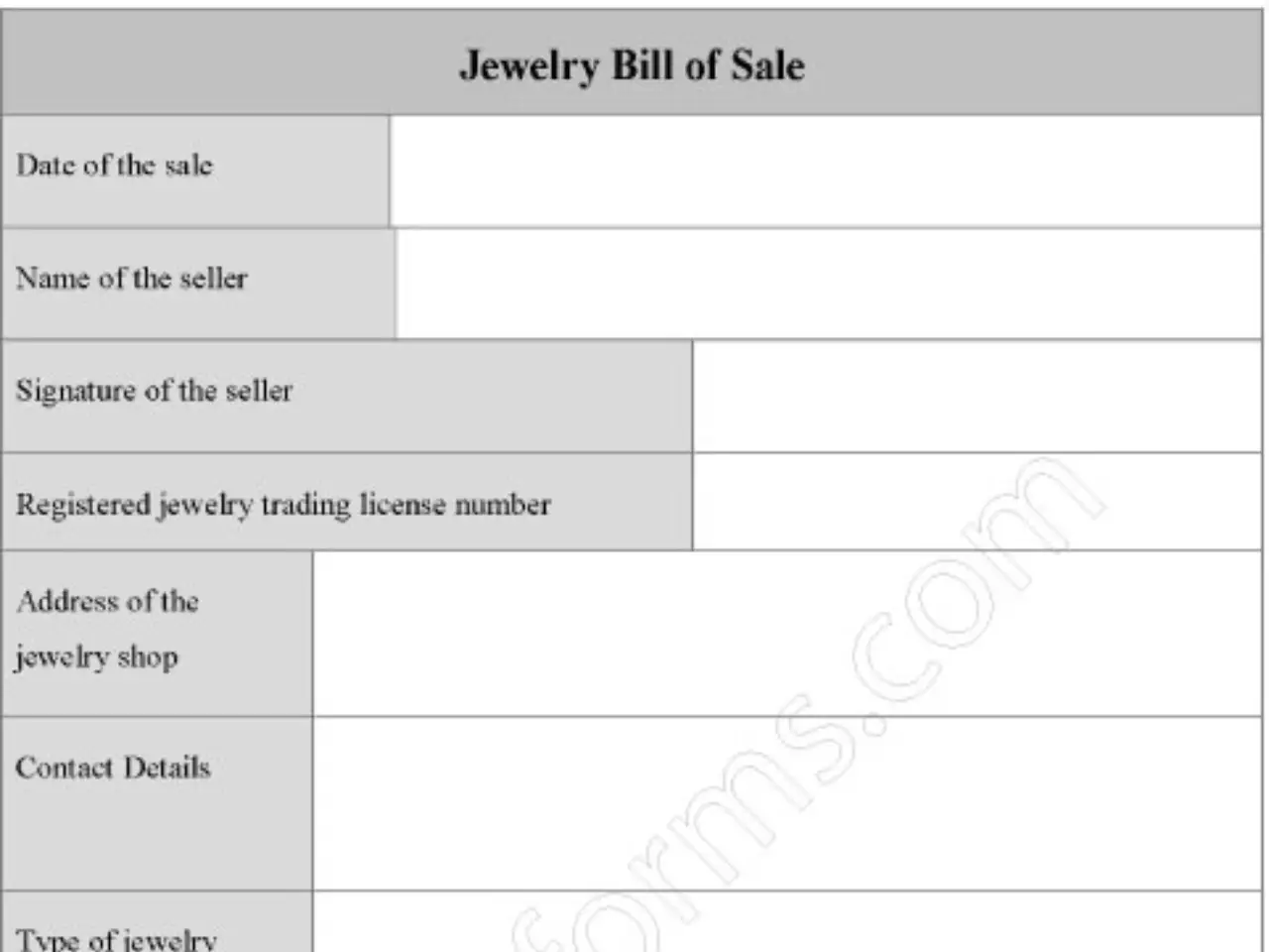 Jewelry Bill of Sale Fillable PDF Form