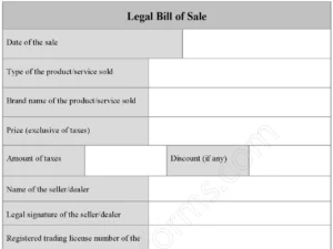 Legal Bill of Sale Fillable PDF Form