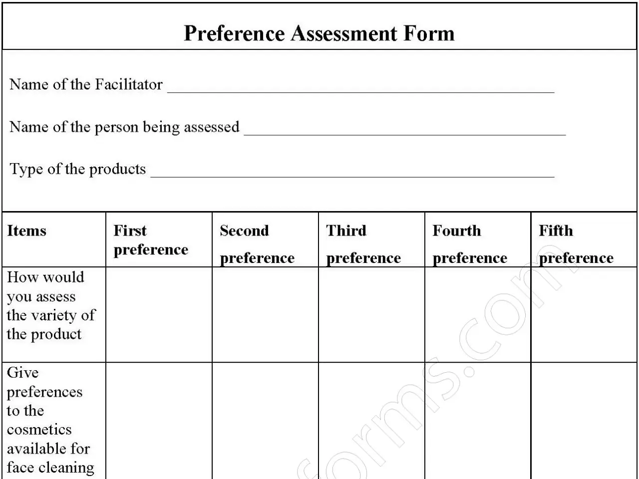 Preference Assessment Fillable PDF Form