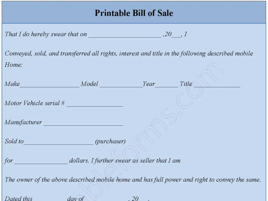 Printable Bill of Sale Fillable PDF Form