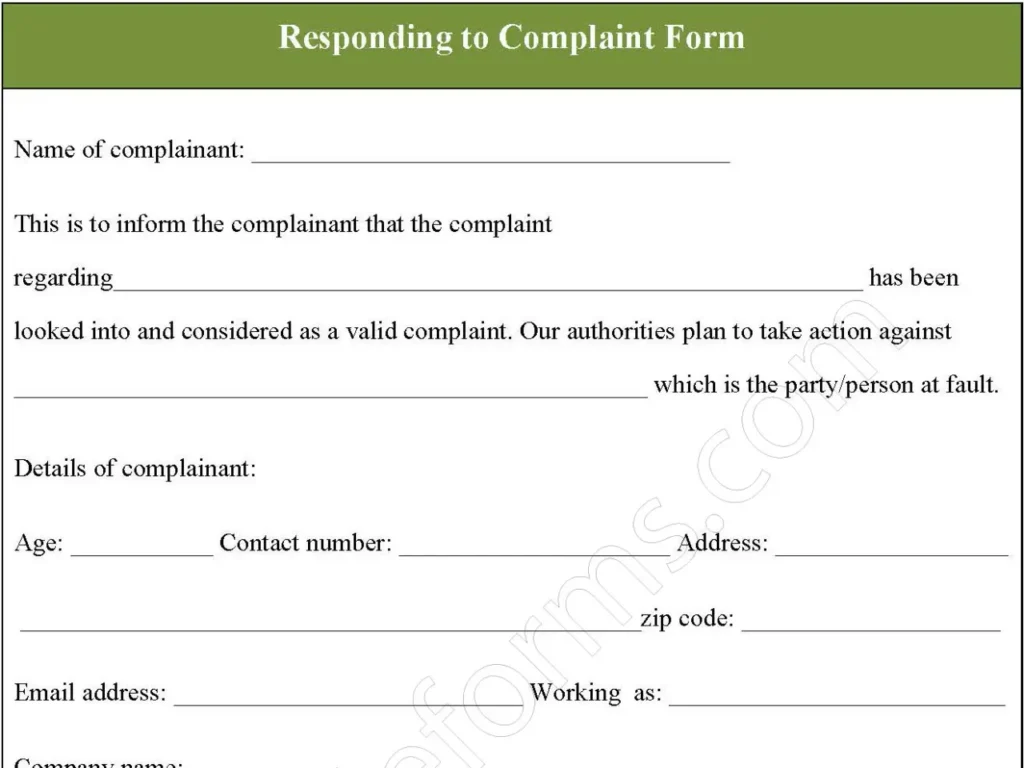 Responding to Complaint Fillable PDF Form