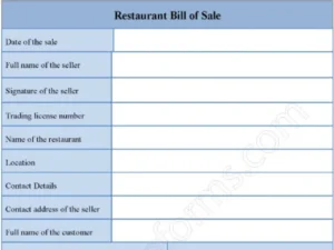 Restaurant Bill of Sale Fillable PDF Form