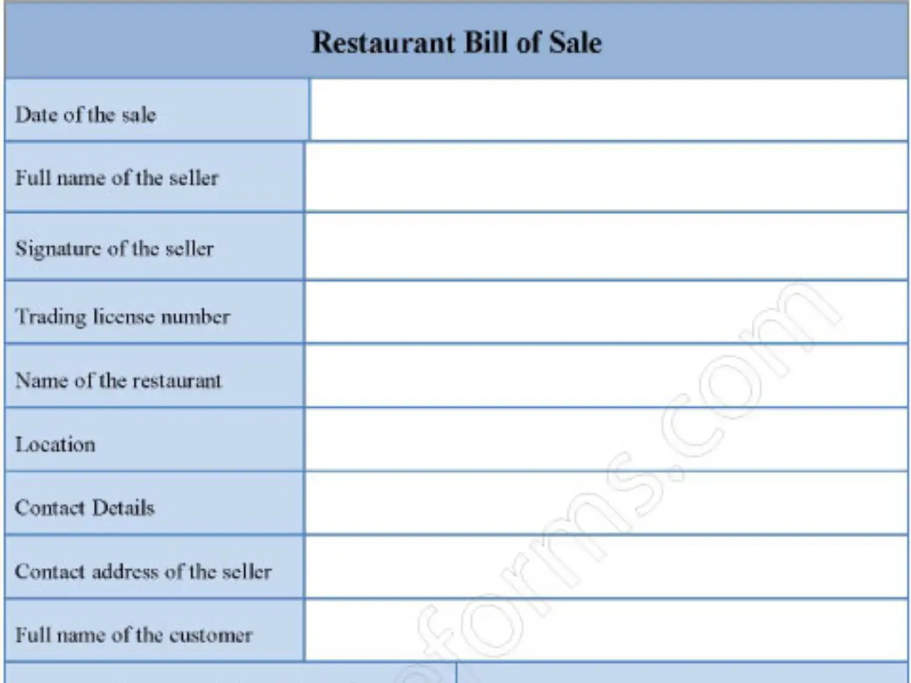 Restaurant Bill of Sale Fillable PDF Form