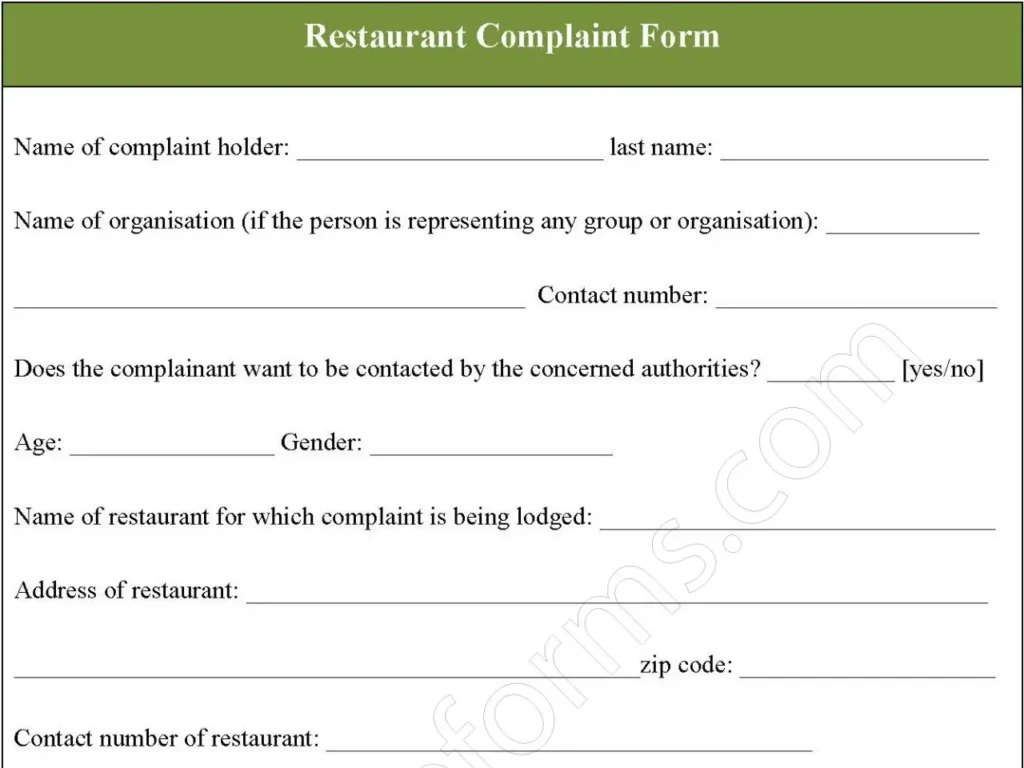 Restaurant Complaint Fillable PDF Form