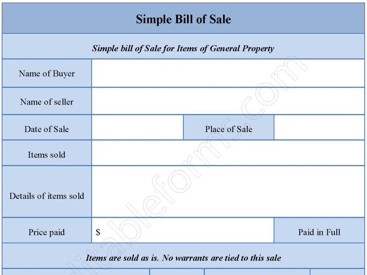 Simple Bill of Sale Fillable PDF Form